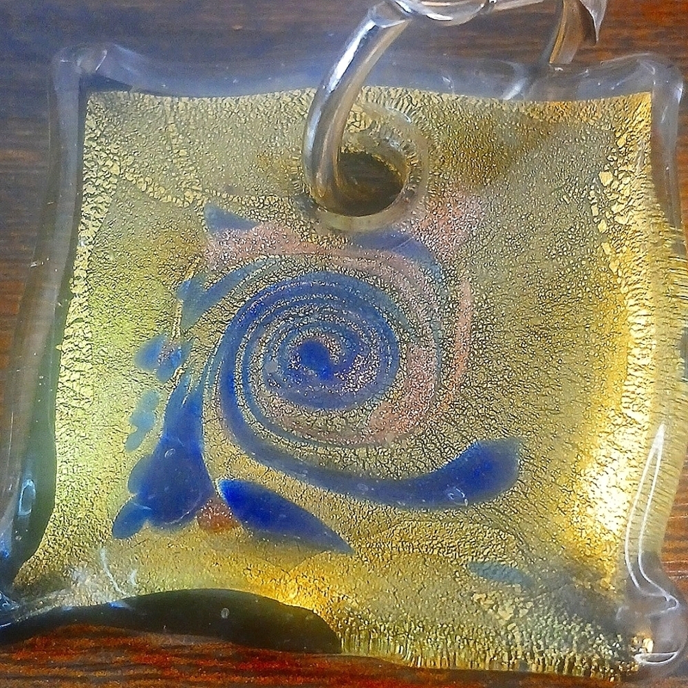 Italiano Murano Stamped Gold and Blue Swirl BlowGlass Pendant Reversable Design